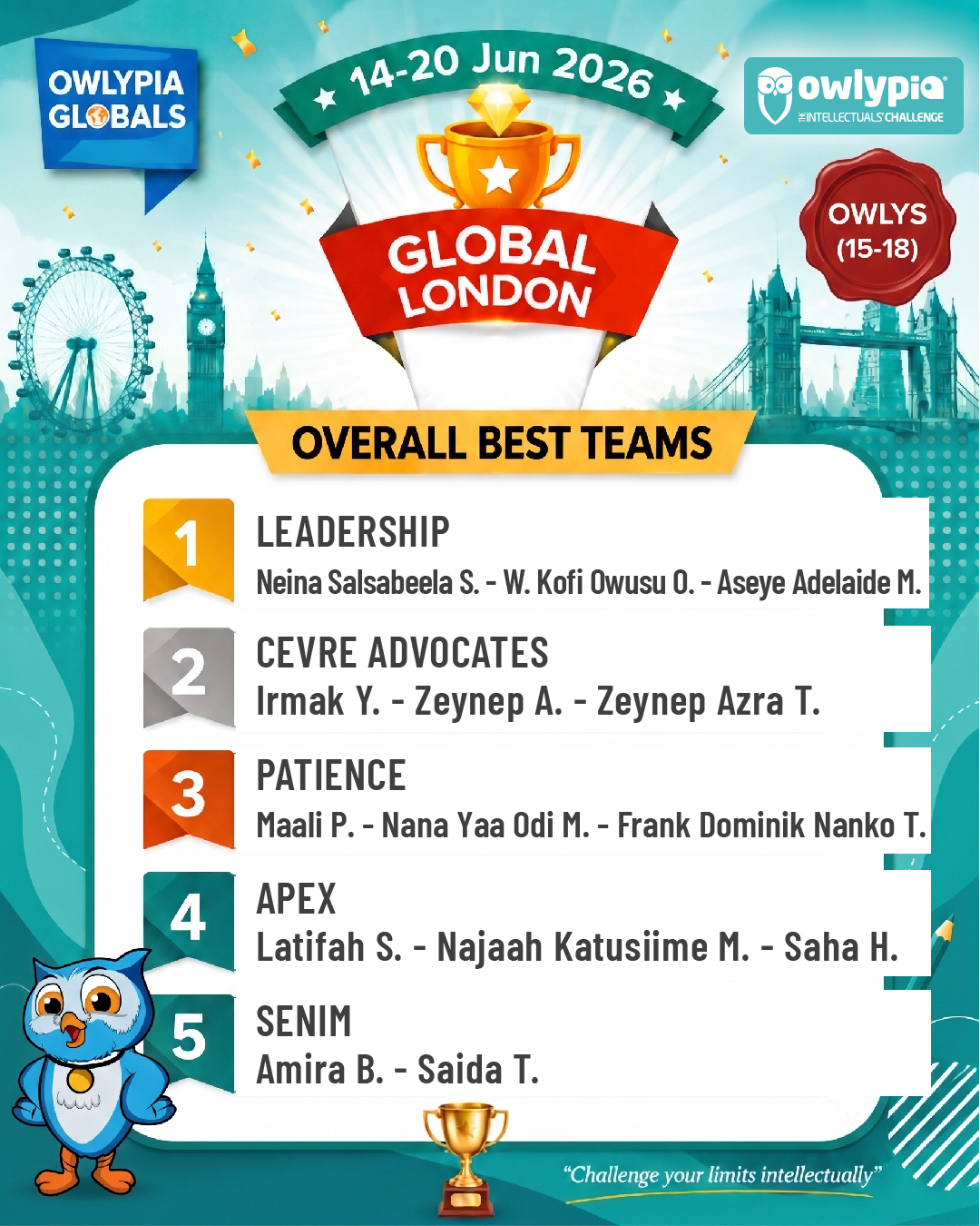 Owlypia competition results showing student achievements and awards ceremony